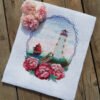 Summer lighthouse cross stitch artwork with peonies and seaside landscape finished embroidery