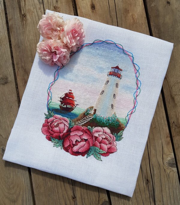 Summer lighthouse cross stitch artwork with peonies and seaside landscape finished embroidery