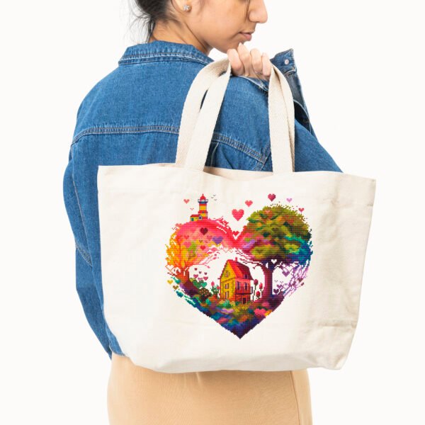 Woman carrying white reusable shopping bag studio shoot Rainbow Heart Cross Stitch Pattern PDF – Romantic Landscape Embroidery, Colorful Nature Needlepoint Chart, Instant Download