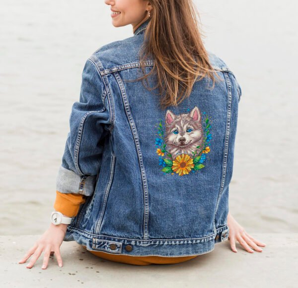 woman-enjoying-sea-view denim mock up with floral husky dog cross stitch design