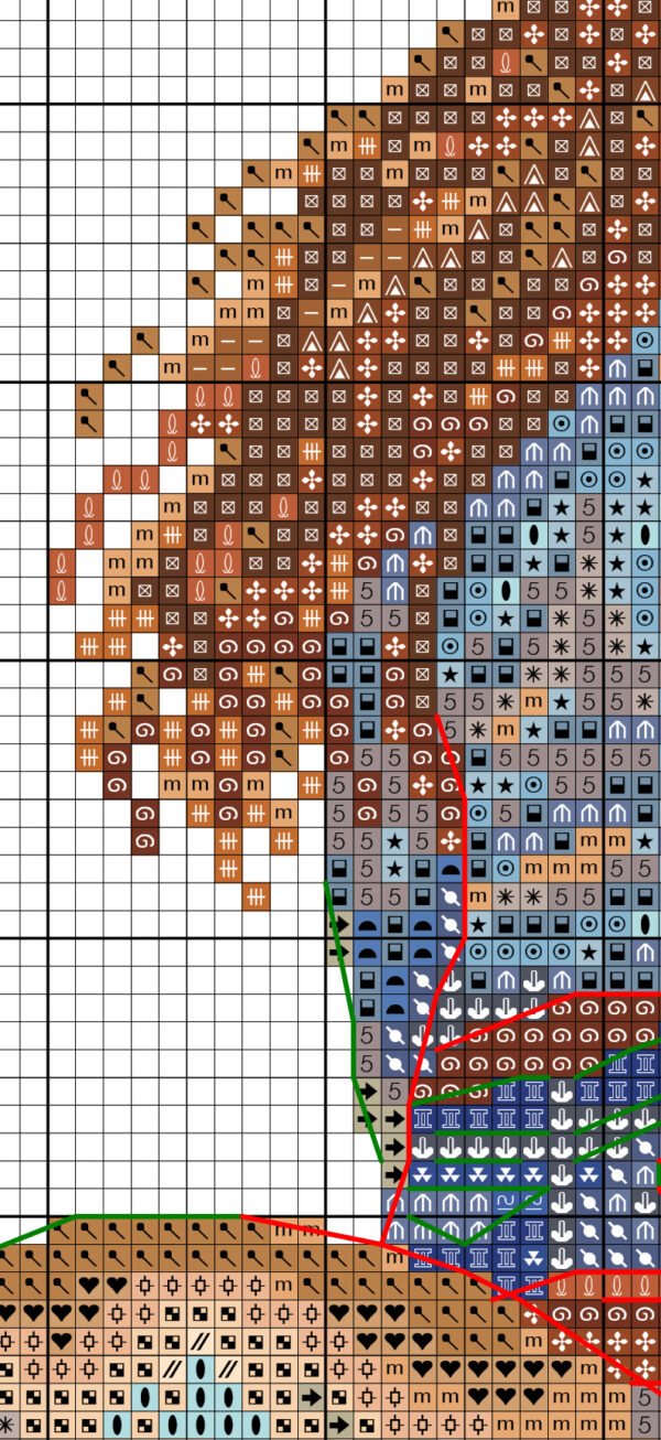 Color chart for Girl and horse cross stitch pattern with DMC symbols