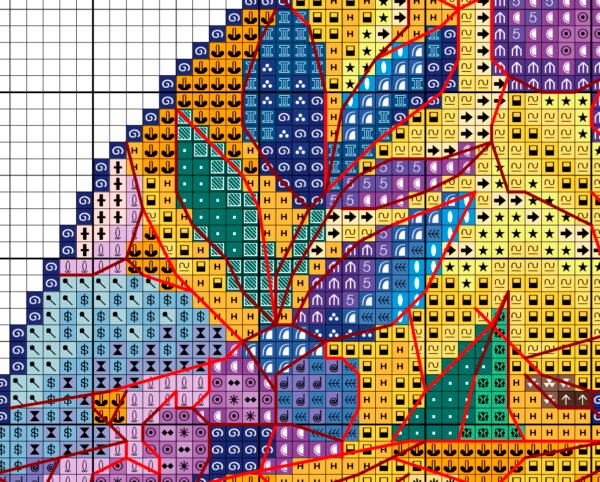Color chart for stained glass bee cross stitch pattern with DMC symbols