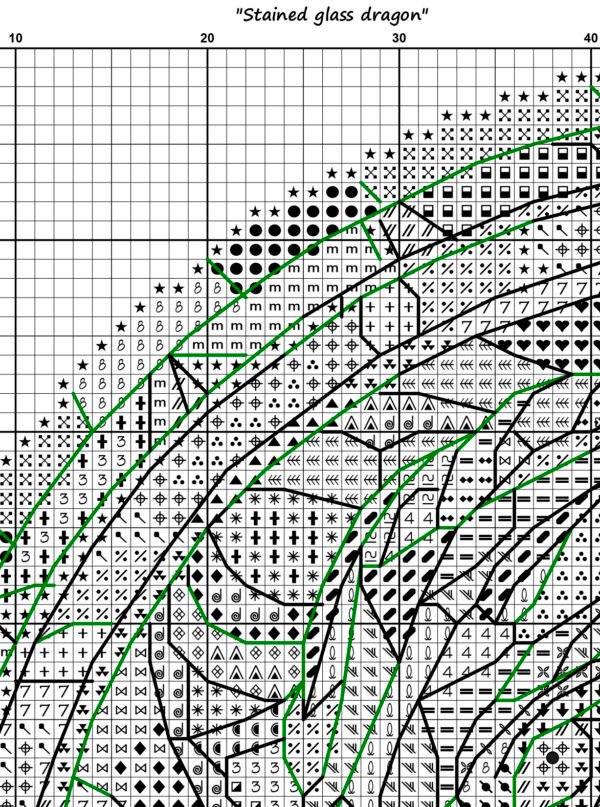 Black and white chart for stained glass dragon cross stitch pattern
