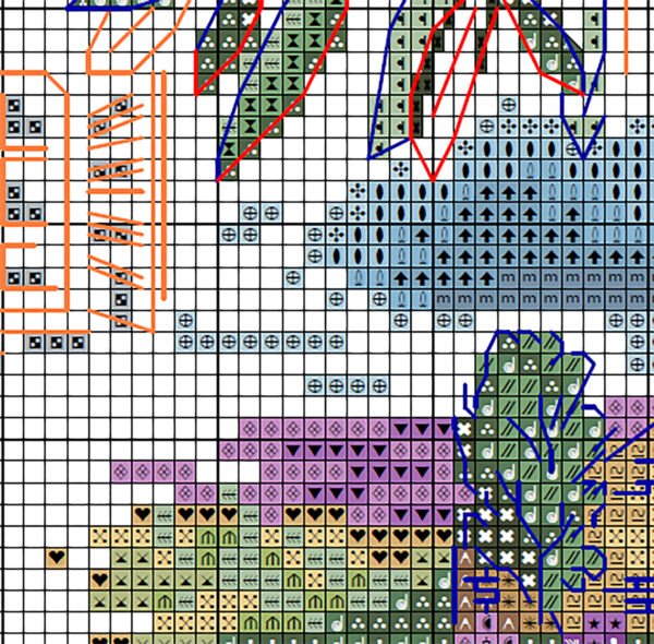 Lavender Fields cross stitch chart PDF preview with clear symbols and DMC color key for purple Provence landscape design