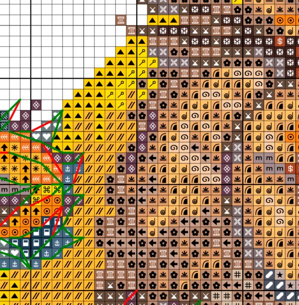 Tawny Owl and Sunflowers cross stitch chart PDF preview with clear symbols and DMC color key
