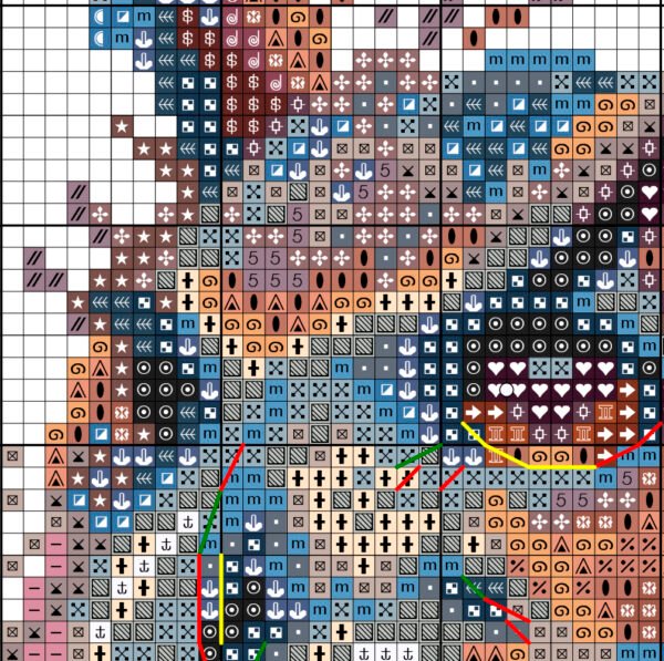 Mystical Owl cross stitch chart PDF preview with clear symbols and DMC color key