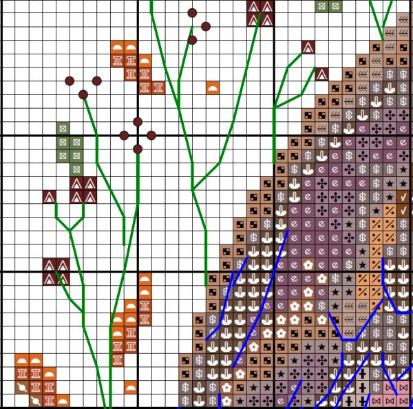 Autumn Barn Owl Wreath cross stitch chart PDF preview with clear symbols and DMC color key