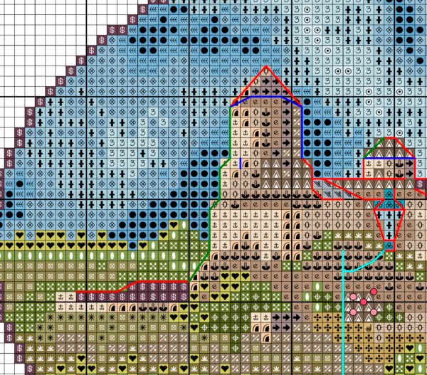 Без имени-1 Kamyanets‑Podilskyi fortress cross stitch chart PDF preview with clear symbols and DMC color key