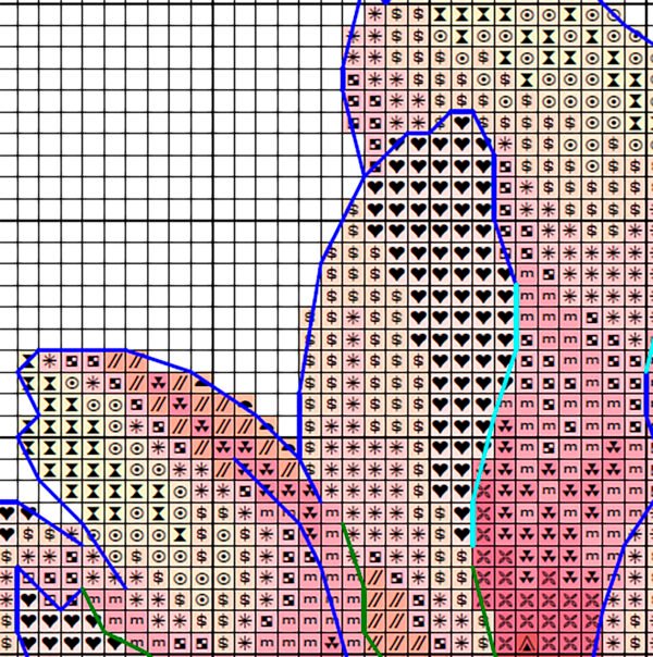 Peony flower cross stitch chart PDF with symbols and DMC color key
