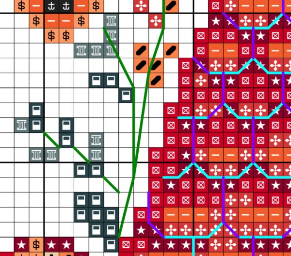 Close‑up view of the Fairy Spring House cross stitch pattern showing detailed Scandinavian floral motifs and cottage elements.