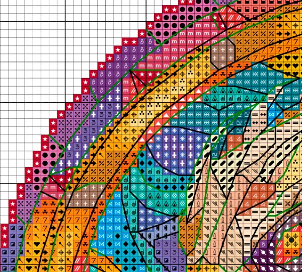 Color chart for stained glass dragon cross stitch pattern with DMC symbols