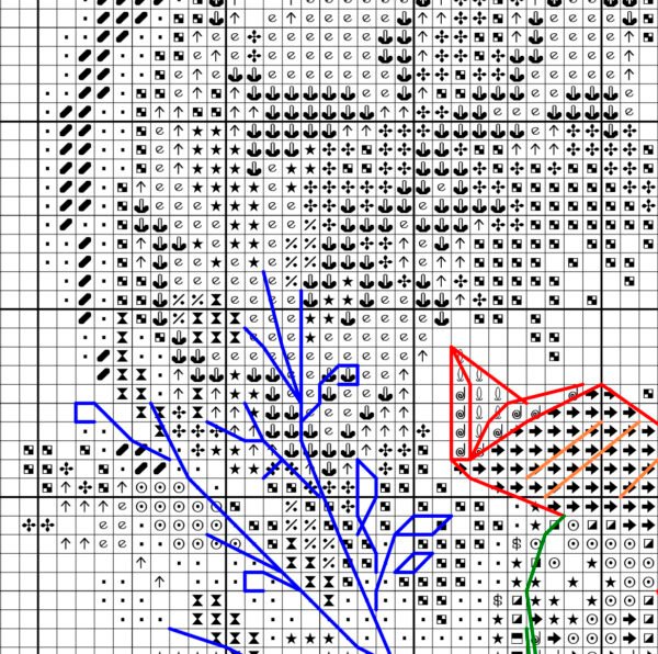 Black and white chart for Elf girl and barn own cross stitch pattern