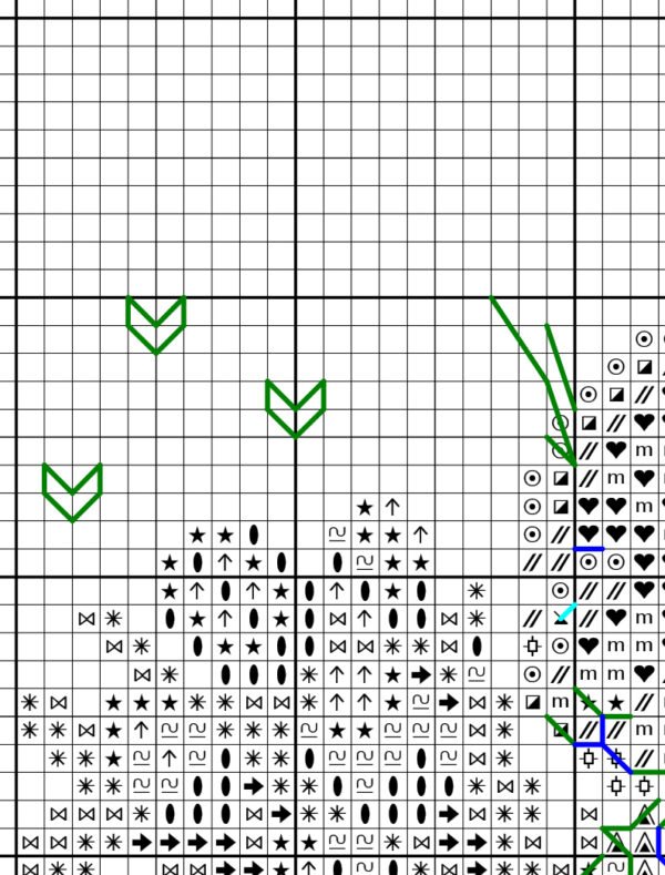 Black and white chart for Spring bunny girl cross stitch pattern with DMC symbols