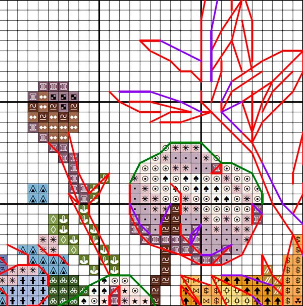 Sunflower and cotton cross stitch chart PDF with symbols and DMC color key