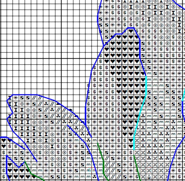 Peony flower cross stitch chart PDF with symbols and DMC color key