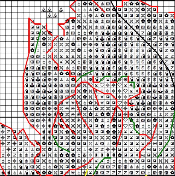 Blue iris cross stitch chart PDF with symbols and DMC color key