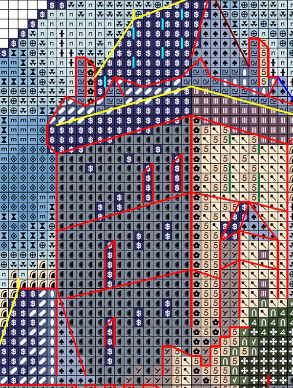 Karlstein Castle cross stitch chart PDF preview with symbols and DMC color key