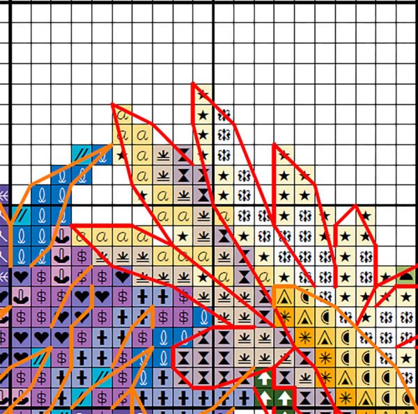 Cornflower wreath cross stitch chart PDF with symbols and DMC color key