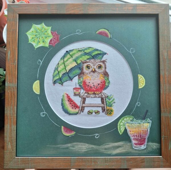 Watermelon owl cross stitch artwork framed embroidery