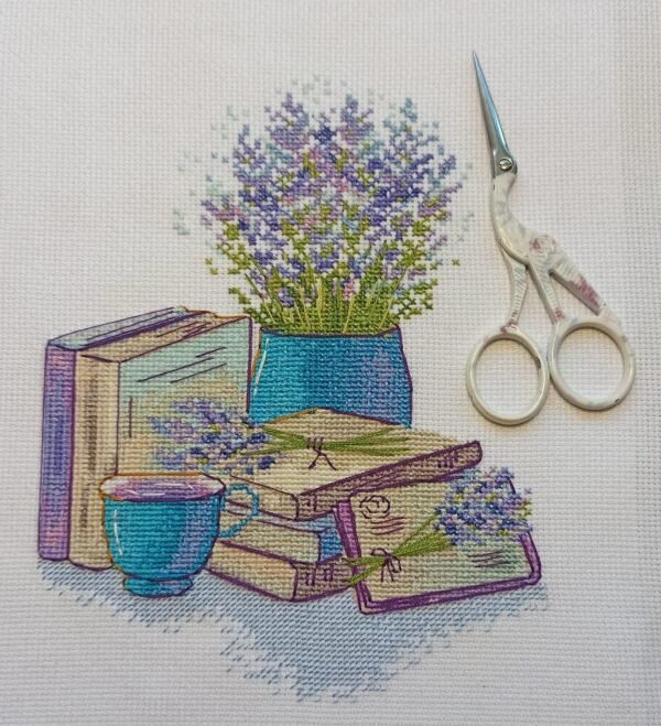 Lavender Cross Stitch Pattern PDF – Floral Tea and Books Embroidery, Purple Needlepoint Chart, Instant Download