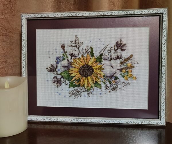 Framed sunflower and cotton floral cross stitch artwork with bright botanical elements ALT 3 — chart preview: Sunflower and cotton cross stitch chart PDF with symbols and DMC color key ALT 4 — подушка: Decorative pillow with sunflower and cotton floral cross stitch embroidery Якщо хочеш, я можу одразу підготувати Pinterest‑описи для трьох твоїх дошок: Cross Stitch Pattern, Floral Cross Stitch, Colorful Cross Stitch.
