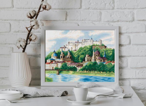 Castle and city view cross stitch pattern