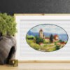 горизонтал дерево Framed Tuscany countryside cross stitch artwork with hills and Italian houses, warm summer embroidery