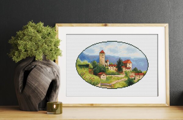 горизонтал дерево Framed Tuscany countryside cross stitch artwork with hills and Italian houses, warm summer embroidery
