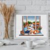 горизонтал колосок Cozy window scene cross stitch with girl, cat, and summer town view
