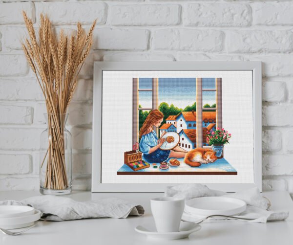 горизонтал колосок Cozy window scene cross stitch with girl, cat, and summer town view