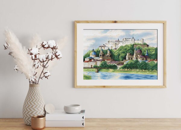 Salzburg Austria Castle Cross Stitch Pattern – European Scenic Embroidery, Instant Download