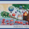 Framed cross stitch artwork of a whimsical owl beside a tiny forest house with colorful mushrooms and balloons