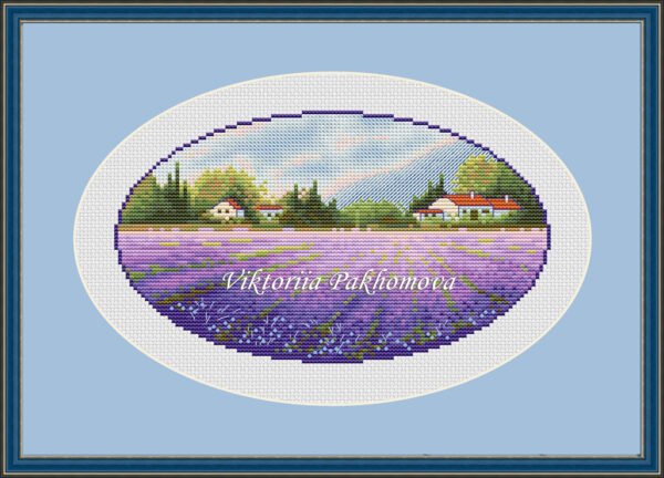 подпись Framed Lavender landscape cross stitch