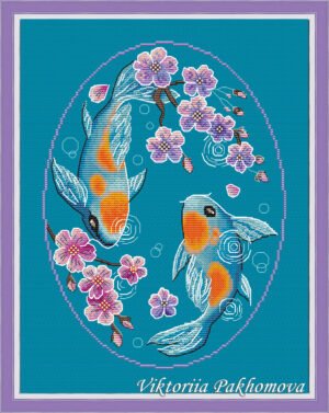 подпись1 Koi Fish cross stitch pattern preview with Japanese floral design