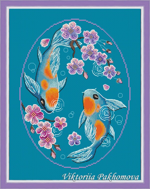 подпись1 Koi Fish cross stitch pattern preview with Japanese floral design
