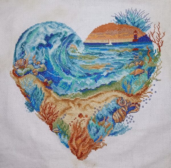 Sea Walk Cross Stitch Pattern PDF – Seascape Heart Design, Nautical Beach View Embroidery, Ocean Wave and Lighthouse Needlepoint Chart