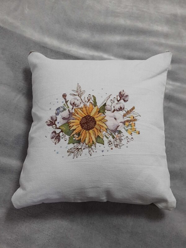 Decorative pillow with sunflower and cotton floral cross stitch embroidery