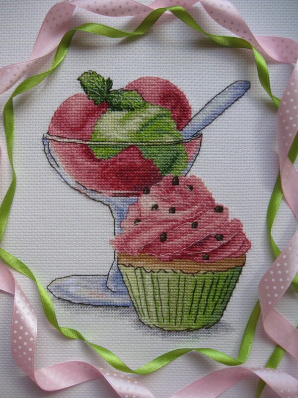 фото 198 Watermelon Ice Cream Cross Stitch Pattern PDF – Raspberry Cupcake Embroidery, Cute Dessert Needlepoint Chart, Instant Download