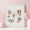 Framed spring sampler cross stitch featuring magic ice cream, coffee cup, floral boots, bouquet and a cute girl with “time to dream” text.