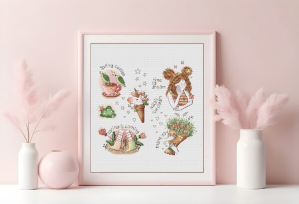 Framed spring sampler cross stitch featuring magic ice cream, coffee cup, floral boots, bouquet and a cute girl with “time to dream” text.