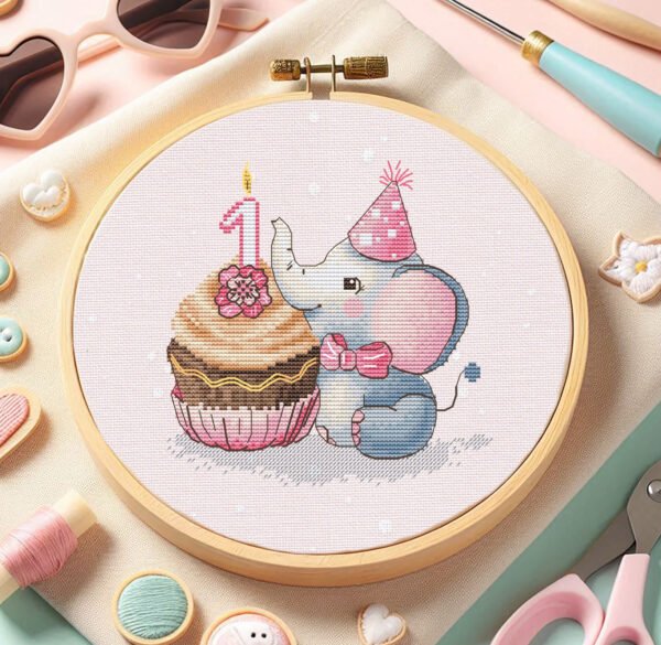 Baby Elephant 1st Birthday Cross Stitch Pattern PDF  Wildlife Animal Custom Embroidery  Nursery Decor for Girl and Boy