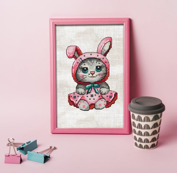 12 Framed baby cat in bunny costume cross stitch design for cute animal décor
