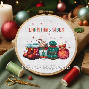 Christmas Vibes cross stitch pattern in a wooden hoop with festive boots, cocoa and holiday details