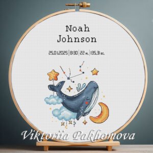 Cross stitch embroidery of a Baby Aquarius zodiac birth announcement with space for name, date and stats in a wooden hoop