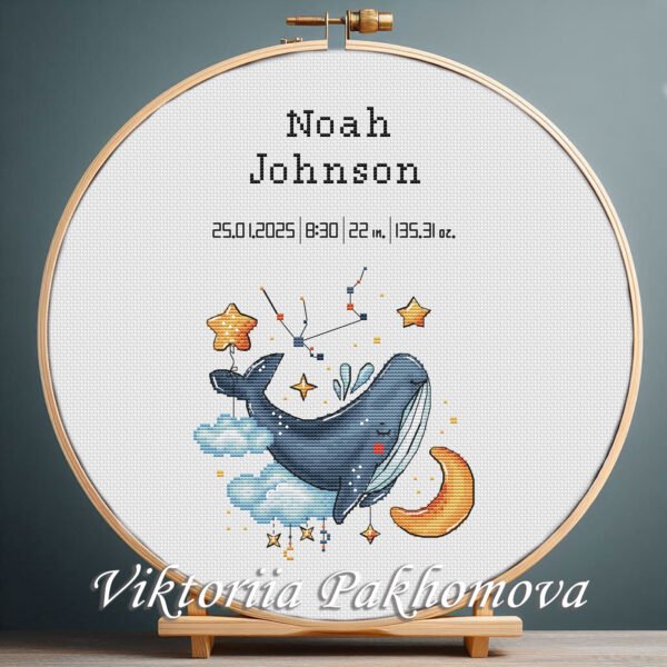 131 Cross stitch embroidery of a Baby Aquarius zodiac birth announcement with space for name, date and stats in a wooden hoop