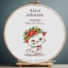 Cross stitch embroidery of a Baby Kitty design for a newborn girl with space for name, date and stats in a wooden hoop