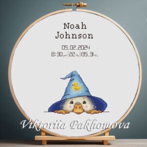 131 Cross stitch embroidery of a Baby Goose birth announcement with space for name, date and stats in a wooden hoop