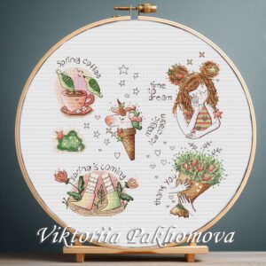 131 Cross stitch embroidery of a spring sampler with magic ice cream, spring coffee, floral boots, bouquet and a dreamy girl in a wooden hoop