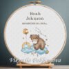 Cross stitch embroidery of a Baby Taurus zodiac birth announcement displayed in a wooden hoop with personalized newborn details.