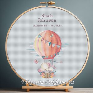 131 Cross stitch embroidery of a personalized elephant and bunny birth announcement displayed in a wooden hoop with custom newborn details